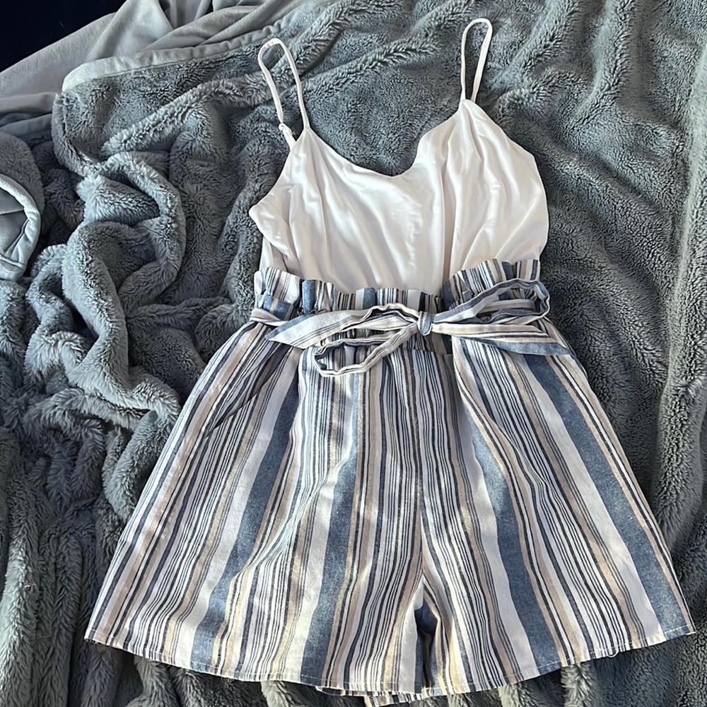 romper cream top part stripped bottoms